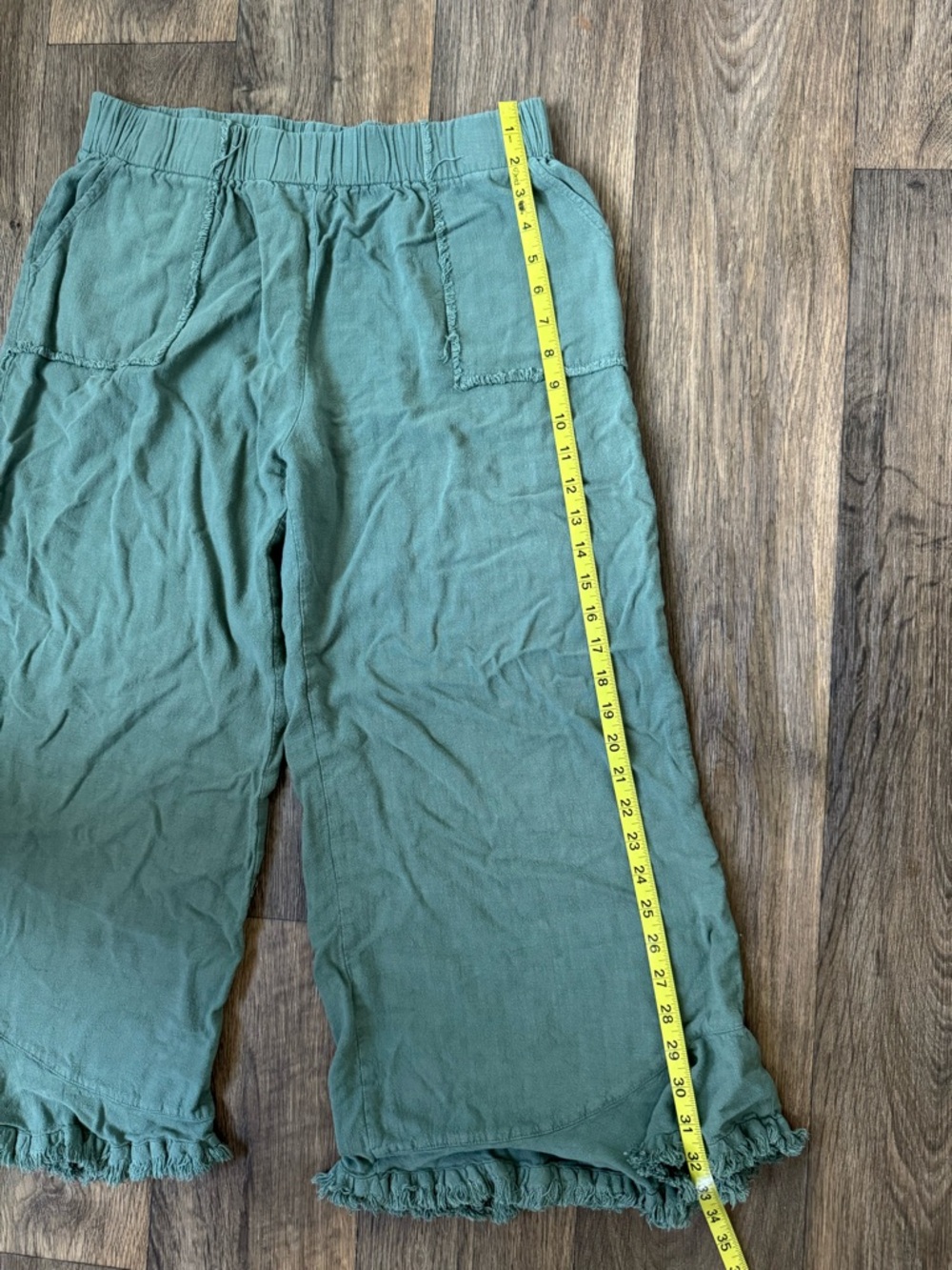 Umgee Green Linen Cotton Capri Pants Elastic Waist Pockets Wide-Leg Ruffle L - Picture 4 of 8